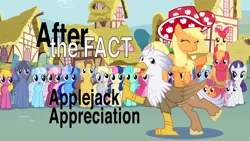 Size: 2667x1500 | Tagged: safe, artist:mlp-silver-quill, derpibooru import, apple bloom, applejack, big macintosh, bon bon, caramel, cheerilee, cherry berry, derpy hooves, fluttershy, linky, lyra heartstrings, minuette, pinkie pie, rainbow dash, rarity, scootaloo, shoeshine, sweetie belle, sweetie drops, twilight sparkle, oc, oc:clutterstep, oc:silver quill, classical hippogriff, hippogriff, pony, after the fact, apple hat, cutie mark crusaders, dancing, eyes closed, hat, mane six, parade, scrunchy face, who's a silly pony