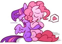 Size: 620x437 | Tagged: artist needed, source needed, safe, derpibooru import, pinkie pie, twilight sparkle, twilight sparkle (alicorn), alicorn, pony, blushing, cuddling, female, heart, holding, hug, lesbian, mare, purring, shipping, snuggling, twinkie