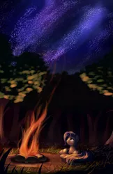 Size: 3300x5100 | Tagged: safe, artist:grennadder, derpibooru import, trixie, pony, unicorn, absurd resolution, campfire, female, forest, looking up, mare, night, prone, scenery, solo, stars