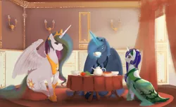 Size: 1796x1100 | Tagged: safe, artist:mechagen, derpibooru import, princess celestia, princess luna, oc, pony, unicorn, cake, clothes, cushion, dress, drinking, fruit, magic, tea, tea party, teacup, teapot