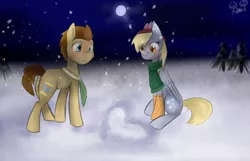 Size: 1024x659 | Tagged: safe, artist:rflzqt, derpibooru import, derpy hooves, doctor whooves, time turner, pegasus, pony, clothes, doctorderpy, female, male, mare, moon, night, scarf, shipping, sitting, smiling, snow, snowfall, snowflake, socks, straight