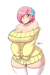 Size: 500x750 | Tagged: alternate hairstyle, artist:tsudanym, awkward, bare shoulders, big breasts, blushing, bottomless, breasts, busty fluttershy, cleavage, clothes, decollete, derpibooru import, female, fluttershy, hair over one eye, huge breasts, human, humanized, off shoulder, plump, short hair, solo, solo female, stockings, suggestive, sweater, sweatershy, thick, thunder thighs, wide hips