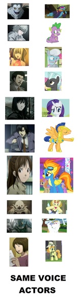 Size: 976x3688 | Tagged: safe, derpibooru import, ahuizotl, bulk biceps, flash sentry, flim, rarity, silver spoon, spike, spitfire, teddie safari, thunderlane, pony, daring do collector, death note, english, exploitable meme, same voice actor