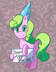 Size: 685x873 | Tagged: artist:reuniclus, birthday, daisy, derpibooru import, flower wishes, hat, hoof hold, nigga, party hat, racial slur, safe, sign, slur, solo, vulgar