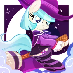 Size: 2000x2000 | Tagged: artist:xwhitedreamsx, broom, clothes, cloud, coco pommel, costume, crescent moon, derpibooru import, flying, flying broomstick, hat, looking at you, moon, night, nightmare night costume, safe, sitting, smiling, socks, solo, stars, striped socks, transparent moon, witch, witch hat