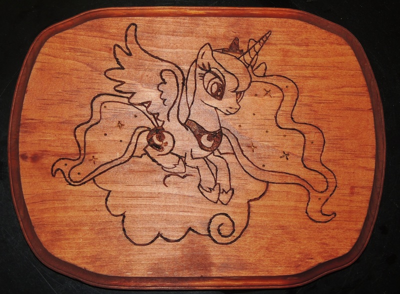 Size: 3960x2908 | Tagged: artist:rekibob, cloud, craft, derpibooru import, princess luna, pyrography, safe, solo, traditional art