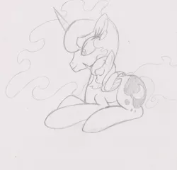 Size: 1311x1256 | Tagged: safe, artist:mytatsur, derpibooru import, princess luna, oc, alicorn, pony, alicorn oc, monochrome, sitting, sketch, traditional art