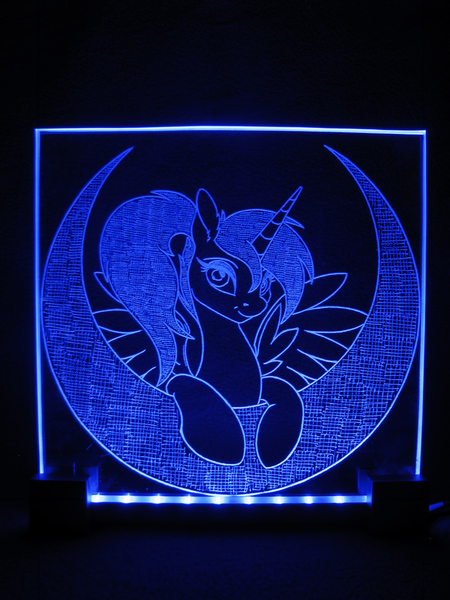 Size: 900x1200 | Tagged: alternate hairstyle, artist:ksander-zen, artist:skipsy, craft, derpibooru import, engraving, glass, glow, lamp, led, moon, photo, ponytail, princess luna, safe, solo, tangible heavenly object, traditional art