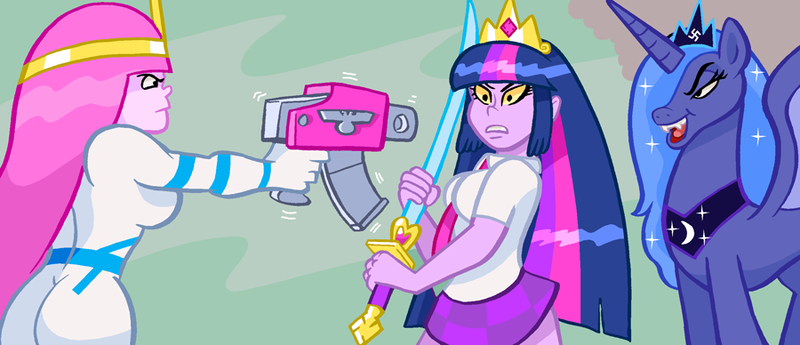 Size: 900x388 | Tagged: safe, artist:curtsibling, derpibooru import, princess luna, twilight sparkle, twilight sparkle (alicorn), alicorn, pony, equestibooru girls, equestria girls, adventure time, ass, bolter, breasts, butt, clothes, crossover, crown, fangs, female, gun, katana, mare, nazi, princess bubblegum, skirt, swastika, sword, threatening, warhammer (game), warhammer 40k, weapon