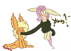 Size: 500x361 | Tagged: applejack, artist:heir-of-rick, eyes closed, fangs, floppy ears, fluffy, flutterbat, fluttershy, holding, hug, impossibly large ears, monster pony, open mouth, original species, safe, simple background, sitting, smiling, species swap, :t, tatzljack, tatzlpony, tentacles, tentacle tongue, white background, wide eyes