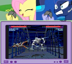 Size: 1126x1000 | Tagged: angry, controller, derpibooru import, exploitable meme, fluttershy, gamer luna, gamershy, giant robot, meme, obligatory pony, one must fall 2097, one must fall: 2097, princess luna, safe, throwback thursday, tv meme, video game
