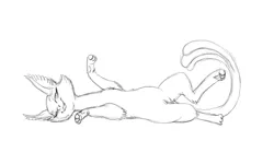 Size: 1280x766 | Tagged: artist:carnifex, baast, cat, derpibooru import, female, forked tail, grayscale, idw, lying down, monochrome, on back, one eye closed, simple background, sketch, solo, solo female, spoiler:comic, spoiler:comic24, suggestive, white background