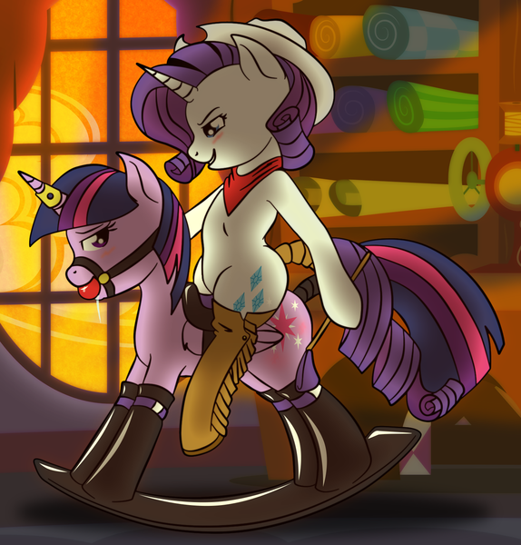 Size: 1424x1489 | Tagged: questionable, artist:ponyguy67, artist:ryuseihikari, derpibooru import, rarity, twilight sparkle, twilight sparkle (alicorn), alicorn, pony, ballgag, bedroom eyes, blushing, bondage, bondage furniture, boots, bound wings, chaps, clopfic in description, clothes, commission, consensual, cowboy boots, cowboy hat, drool, female, femdom, femsub, gag, grin, harness, hat, horn ring, latex, lesbian, living object, magic suppression, muzzle, neckerchief, ponies riding ponies, rarilight, riding crop, rocking horse, rocking horse bondage, saddle, scarf, shipping, shoes, smiling, spurs, story included, submissive, sunset, whipping