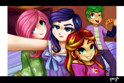 Size: 1524x1024 | Tagged: safe, artist:cosmicponye, derpibooru import, fluttershy, rarity, spike, sunset shimmer, human, equestria girls, rainbow rocks, beauty mark, bedroom eyes, clothes, derp, grin, human spike, humanized, lipstick, off shoulder, pajamas, photobomb, pizza, scene interpretation, selfie, sleepover, smiling