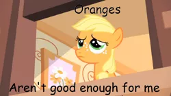 Size: 892x501 | Tagged: applejack, caption, derpibooru import, disappointed, edit, edited screencap, female, filly, filly applejack, sad, safe, screencap, solo, the cutie mark chronicles, younger