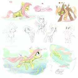 Size: 1024x1024 | Tagged: applejack, artist:bronyseph, cute, derpibooru import, fluttershy, original species, pinkie pie, rainbow dash, safe, shyabetes, sketch, spike, swimming, timberjack, timber pony, timber werepony, timber wolfified, wet mane