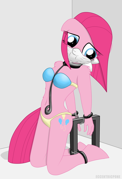 Size: 3486x5120 | Tagged: anthro, artist:greaterlimit, belly button, blue underwear, blushing, bondage, bondage furniture, bra, breasts, clothes, cloth gag, collar, cuffs, derpibooru import, gag, kneeling, leash, over the nose gag, panties, pinkamena diane pie, pinkie pie, questionable, underwear, yellow underwear