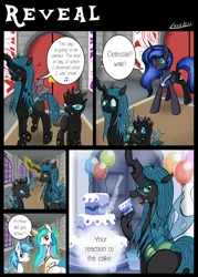 Size: 1500x2091 | Tagged: artist:vavacung, cake, cakelestia, changeling, comic, comic:to love god - to love mortal, nightmare moon, oc, oc:paper mache, princess celestia, queen chrysalis, safe, this day aria