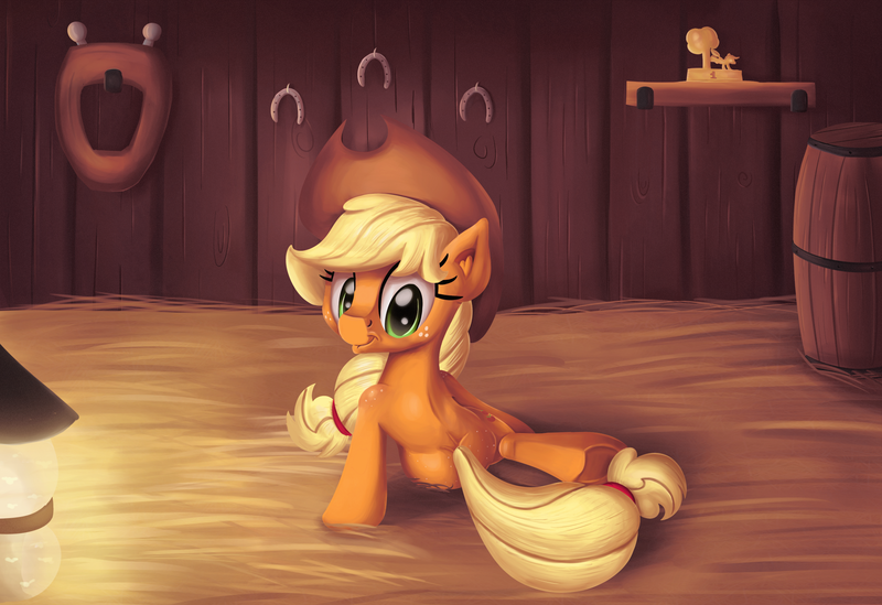 Size: 2000x1372 | Tagged: safe, artist:discorded, derpibooru import, applejack, award, barn, barrel, butt freckles, hay, horseshoes, lamp, looking back, plot, rear view, sitting, solo, trophy, yoke