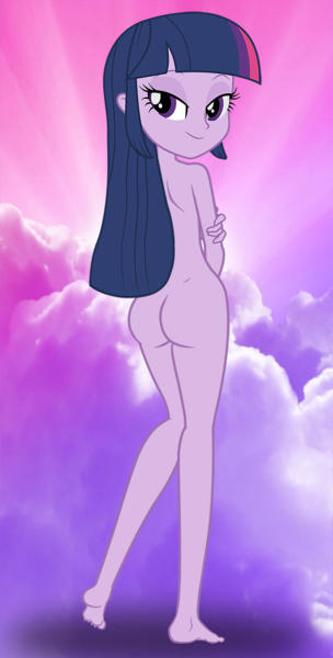 Size: 761x1500 | Tagged: questionable, artist:dirty mike, derpibooru import, edit, twilight sparkle, equestria girls, artistic nudity, ass, barefoot, bedroom eyes, cloud, cloudy, feet, female, nude edit, nudity, pose, practitioner of naturism, show accurate, show accurate clothing, solo, solo female, twibutt