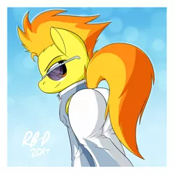 Size: 2400x2400 | Tagged: safe, artist:rb-d, derpibooru import, spitfire, pegasus, pony, butt, clothes, female, firebutt, image, jumpsuit, looking at you, looking back, looking back at you, plot, png, solo, stupid sexy spitfire, sunglasses, warmup suit