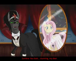 Size: 600x480 | Tagged: safe, artist:thepurpah, derpibooru import, fluttershy, king sombra, vampire, clothes, dracula, dress, fake screencap, fangs, female, male, mirror, reference, shipping, sombrashy, straight, subtitles