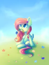 Size: 4133x5511 | Tagged: safe, artist:ghst-qn, derpibooru import, oc, oc:rosalee, unofficial characters only, pegasus, pony, absurd resolution, female, flower, flower in hair, flower in mouth, grass, looking up, mare, mouth hold, sitting, sky, smiling, solo