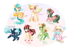Size: 1126x800 | Tagged: safe, artist:tsurime, derpibooru import, oc, oc:banana split, oc:carambola, oc:desert flower, oc:rose wreath, oc:seafoam, oc:sugar pop, oc:whirlpool, unofficial characters only, earth pony, pegasus, pony, unicorn, adoptable, blushing, clothes, female, floral head wreath, flower, flying, freckles, mare, pigtails, scarf, simple background, starry eyes, tail bow, transparent background, wingding eyes