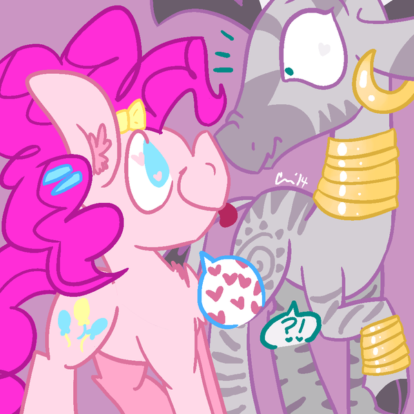 Size: 1000x1000 | Tagged: artist:rivalcat, boop, derpibooru import, ear fluff, female, fluffy, kissing, lesbian, noseboop, pinkiecora, pinkie pie, pinkora, safe, shipping, zebra, zecora, zecorapie