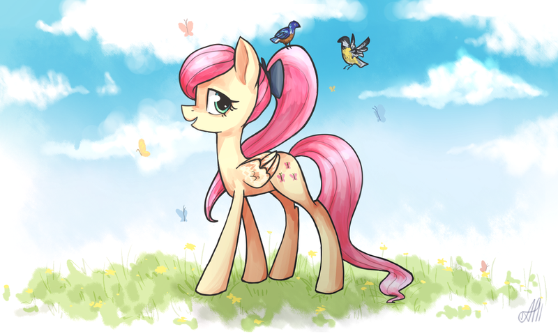 Size: 1700x1024 | Tagged: alternate hairstyle, artist:ange4l, bird, butterfly, fluttershy, ponytail, safe, solo