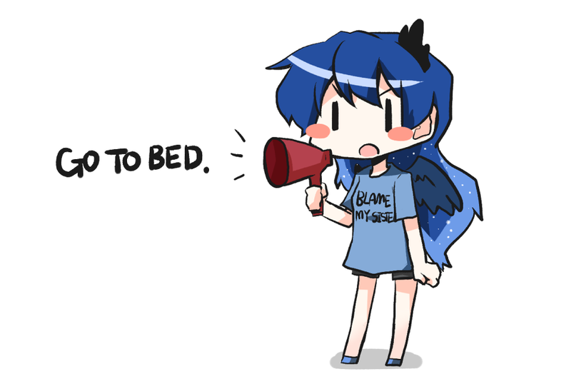 Size: 912x597 | Tagged: artist:gyaheung, blame my sister, blushing, blush sticker, chibi, go to bed, human, humanized, megaphone, princess luna, safe, solo, spoiler:comic