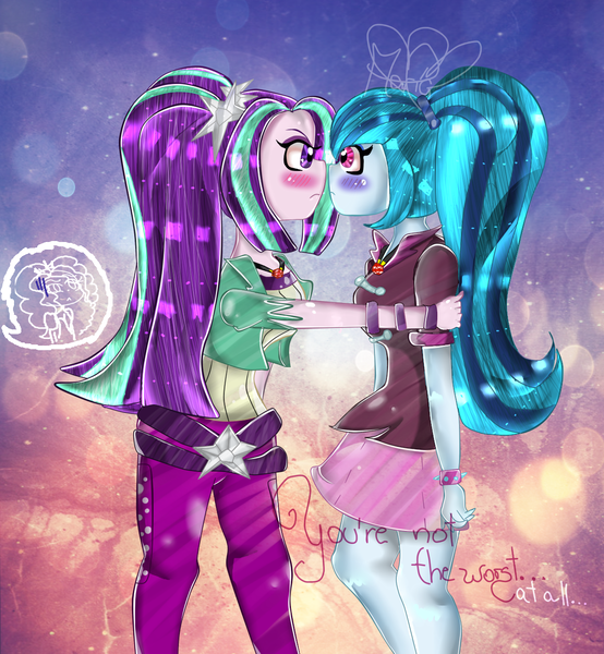 Size: 1200x1300 | Tagged: safe, artist:papurukitsune, derpibooru import, aria blaze, sonata dusk, equestria girls, rainbow rocks, arisona, female, image, lesbian, png, shipping, tsundaria, tsundere