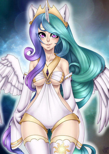 Size: 1280x1810 | Tagged: artist:shuniyamasaki, breasts, busty princess celestia, clothes, derpibooru import, eared humanization, female, horned humanization, human, humanized, looking at you, princess celestia, smiling, solo, solo female, suggestive, tailed humanization, thigh highs, underboob, wide hips, winged humanization