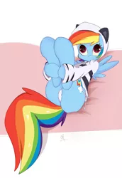 Size: 1271x1846 | Tagged: suggestive, artist:omi, derpibooru import, rainbow dash, adorasexy, bed, cat's pajamas, clothes, costume, couch, cute, dashabetes, female, holding legs, hoodie, kigurumi, panties, plot, sexy, side knot underwear, solo, solo female, spread wings, stupid sexy rainbow dash, underwear, white underwear