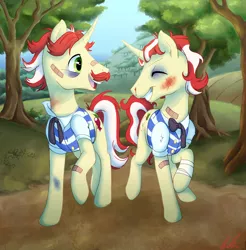 Size: 1148x1166 | Tagged: safe, artist:c-puff, derpibooru import, flam, flim, pony, unicorn, bandage, bandaid, black eye, blood, brothers, bruised, duo, flim flam brothers, injured, male, nosebleed, siblings, smiling, stallion