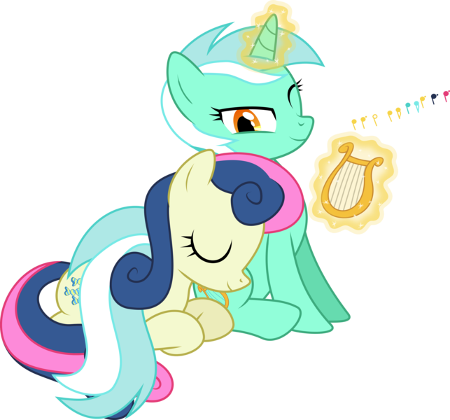 Size: 3214x3000 | Tagged: safe, artist:ruinedomega, derpibooru import, bon bon, lyra heartstrings, sweetie drops, earth pony, pony, unicorn, female, lesbian, lying down, lyrabon, lyre, magic, music, music notes, shipping, sleeping