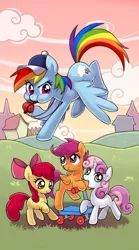 Size: 300x540 | Tagged: safe, artist:kairean, derpibooru import, apple bloom, rainbow dash, scootaloo, sweetie belle, earth pony, pegasus, pony, unicorn, baseball cap, blank flank, blowing, bow, cap, clothes, cloud, cutie mark crusaders, female, filly, flying, grass, hair bow, hat, judgement, mare, open mouth, puffy cheeks, referee, sky, smiling, tarot card, whistle, whistle necklace