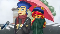 Size: 2100x1200 | Tagged: safe, artist:funnyfany, derpibooru import, flash sentry, sunset shimmer, human, equestria girls, blizzard, blushing, clothes, covering, cute, exploitable meme, facepalm, female, flashimmer, male, meme, pony ears, scarf, shipping, snow, snowfall, special feeling, straight, sweater, umbrella