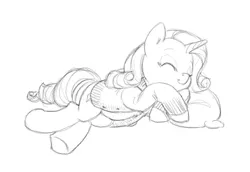 Size: 813x560 | Tagged: artist:carnifex, belly, cardigan, clothes, cute, eyes closed, monochrome, pillow, rarity, safe, side, sleeping, smiling, solo