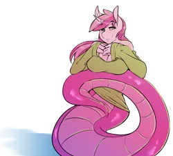 Size: 1280x1152 | Tagged: anthro, artist:avante92, breasts, busty ruby pinch, cleavage, clothes, female, lamia, looking at you, naga pinch, older, original species, ruby pinch, shirt, smiling, solo, solo female, species swap, suggestive