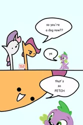 Size: 600x904 | Tagged: artist:wollap, dog, mean girls, out of order, pun, safe, scootaloo, spike, spike the dog, sweetie belle