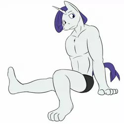 Size: 1280x1280 | Tagged: anthro, artist:fuzebox, bare chest, clothes, derpibooru import, elusive, feet, male, plantigrade anthro, rarity, rule 63, shorts, solo, solo male, suggestive, topless, underwear