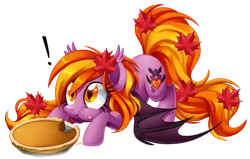 Size: 3136x2000 | Tagged: safe, artist:centchi, derpibooru import, oc, oc:pumpkin spice, unofficial characters only, bat pony, pony, autumn, bat pony oc, caught, cute, ear tufts, eating, exclamation point, face down ass up, female, food, frown, leaf, leaves, looking up, maple leaf, mare, nom, ocbetes, pie, puffy cheeks, pumpkin pie, simple background, solo, spread wings, transparent background, wide eyes