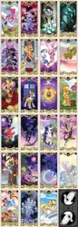 Size: 1200x3504 | Tagged: safe, artist:kairean, derpibooru import, applejack, big macintosh, derpy hooves, discord, doctor whooves, flash sentry, fluttershy, king sombra, nightmare moon, pinkie pie, princess cadance, princess celestia, princess luna, queen chrysalis, rainbow dash, rarity, shining armor, time turner, tree of harmony, trixie, twilight sparkle, twilight sparkle (alicorn), zecora, oc, oc:cloudy thunder, alicorn, manticore, pony, zebra, black vine, elements of harmony, female, mane six, mare, pixiv, royal guard, sonic screwdriver, tardis, tarot card