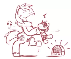 Size: 850x708 | Tagged: safe, artist:ende26, derpibooru import, big macintosh, smarty pants, pony, bipedal, cathedral radio, dancing, eyes closed, monochrome, music, radio, sketch, smiling, solo