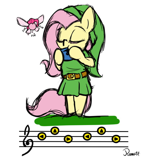 Size: 1350x1500 | Tagged: artist:ramott, crossover, derpibooru import, fluttershy, link, musical instrument, navi, ocarina, pinkie pie, safe, sketch, song, the legend of zelda, the legend of zelda: ocarina of time, zelda's lullaby