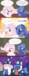 Size: 1275x3275 | Tagged: artist:t-3000, cewestia, clothes, comic, costume, derpibooru import, filly, mouth hold, nightmare night, princess celestia, princess luna, safe, star swirl the bearded, trick or treat, woona