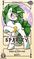 Size: 800x1399 | Tagged: safe, artist:vavacung, derpibooru import, oc, oc:sparity, unofficial characters only, dracony, hybrid, pony, comic:crazy future, female, glasses, interspecies offspring, mahou sensei negima, mare, negima, offspring, pactio card, parent:rarity, parent:spike, parents:sparity, solo