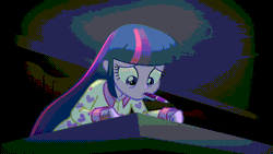 Size: 1280x720 | Tagged: safe, derpibooru import, screencap, twilight sparkle, equestria girls, rainbow rocks, adorkable, animated, cute, dork, frown, humans doing horse things, mouth drawing, mouth hold, pen, raised eyebrow, smiling, solo, spitting, writing