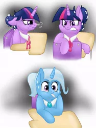 Size: 768x1024 | Tagged: safe, artist:dewdrop-210, derpibooru import, trixie, twilight sparkle, pony, unicorn, alternate hairstyle, angry, desk, female, floppy ears, frown, glare, gritted teeth, hair bun, looking back, mare, nervous, ponytail, school, shadow, simple background, snorting, spitball, sweat, twilight is not amused, unamused, unicorn twilight, white background, wide eyes